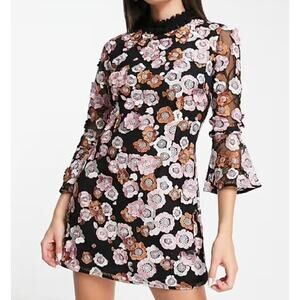 French Connection 3D Floral Applique Mini Dress Pink Black 4